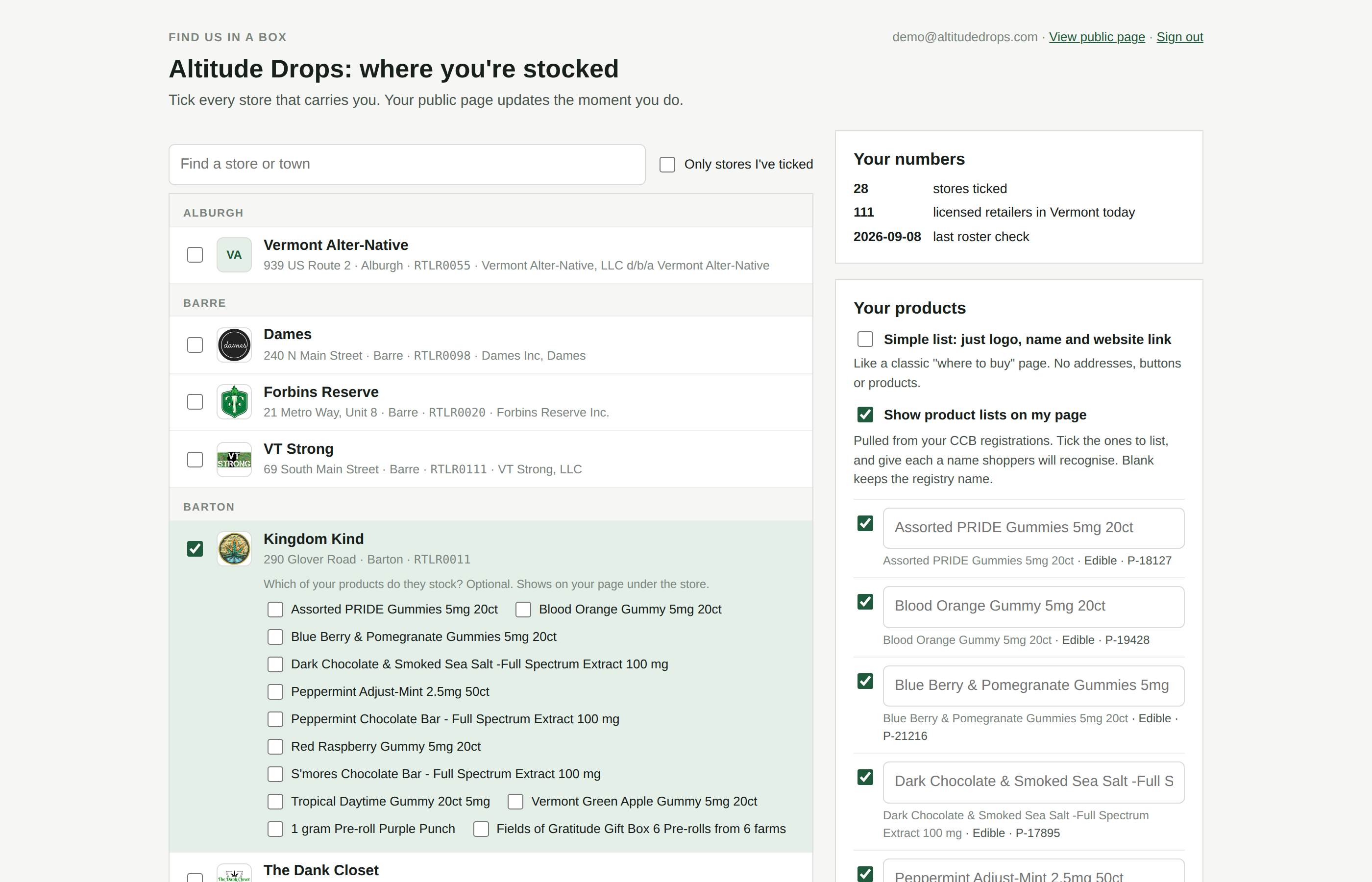 The admin: search box, town-grouped store list with checkboxes, and the side panel