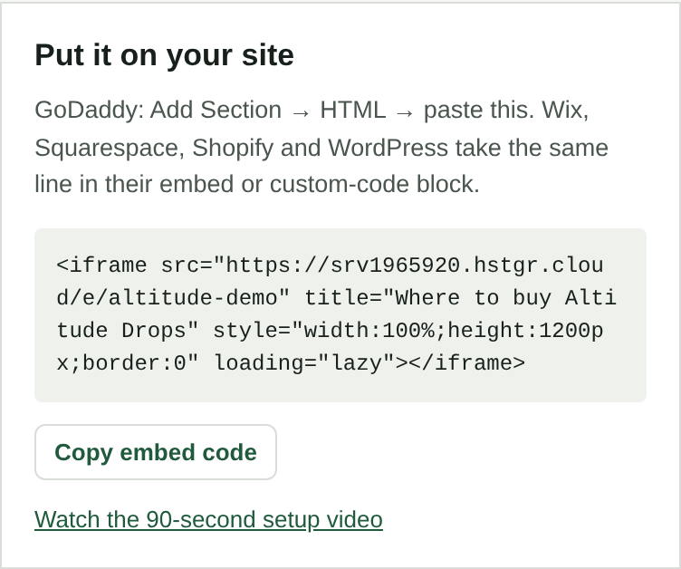 The embed code box with the Copy button